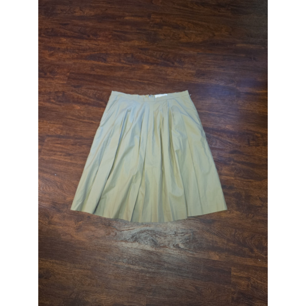 Michael Michael Kors Khaki Tan Pleated Cotton Midi Skirt Size 10 MK Logo Pull